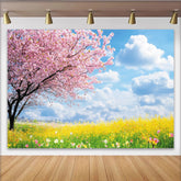Lofaris Vibrant Pink Cherry Blossom Spring Floral Photography Backdrop with Yellow Flowers, Nature Scenery Background for Studio Photoshoot