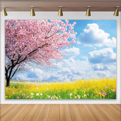 Lofaris Vibrant Pink Cherry Blossom Spring Floral Photography Backdrop with Yellow Flowers, Nature Scenery Background for Studio Photoshoot