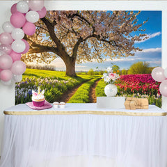 Lofaris Vibrant Spring Photography Backdrop with Blooming Tree and Colorful Flowers, Scenic Nature Background for Studio Photoshoot