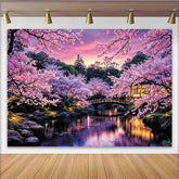 Lofaris Pink Cherry Blossom Photography Backdrop with Japanese Garden and Bridge, Serene Spring Scenery Background for Studio and Party Decor