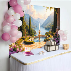 Lofaris Elegant Scenic Garden Photography Backdrop with Fountain and Lake View, Picturesque Landscape Background for Studio and Event Decor