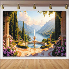 Lofaris Elegant Scenic Garden Photography Backdrop with Fountain and Lake View, Picturesque Landscape Background for Studio and Event Decor