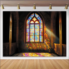 Lofaris Vibrant Stained Glass Window Photography Backdrop with Arched Design, Colorful Light Effect Background for Studio Portrait