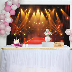 Lofaris Grand Red Carpet Stage Photography Backdrop with Golden Spotlights and Red Curtains, Event Background for Awards Ceremony