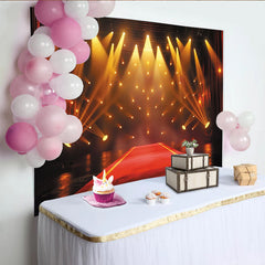 Lofaris Grand Red Carpet Stage Photography Backdrop with Golden Spotlights and Red Curtains, Event Background for Awards Ceremony
