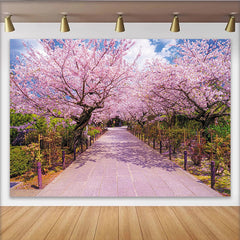 Lofaris Pink Cherry Blossom Photography Backdrop with Scenic Pathway, Beautiful Spring Nature Background for Studio Portrait