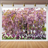 Lofaris Pink Cherry Blossom Floral Photography Backdrop with Tulips, Beautiful Spring Garden Background for Studio Portrait