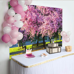 Lofaris Vibrant Pink Blossom Photography Backdrop with Lush Green Park Scenery, Beautiful Spring Background for Outdoor Photoshoot