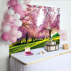 Lofaris Pink Cherry Blossom Spring Photography Backdrop, Green Grass Nature Scene Background for Photoshoot
