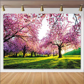 Lofaris Pink Cherry Blossom Spring Photography Backdrop, Green Grass Nature Scene Background for Photoshoot