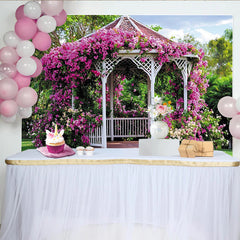 Lofaris White Gazebo Floral Photography Backdrop with Pink Bougainvillea, Beautiful Garden Background for Wedding and Party Decor