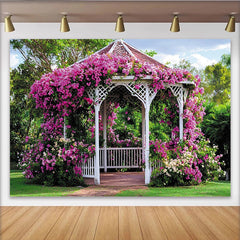 Lofaris White Gazebo Floral Photography Backdrop with Pink Bougainvillea, Beautiful Garden Background for Wedding and Party Decor