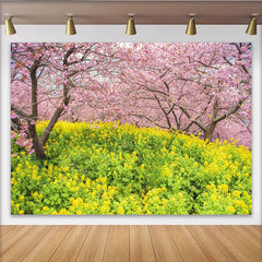 Lofaris Vibrant Spring Floral Photography Backdrop, Pink Cherry Blossom and Yellow Flower Background for Studio Photoshoot
