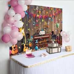 Lofaris Vibrant Music Party Birthday Backdrop with Guitars and Drums, Colorful Celebration Background for Festive Photoshoot