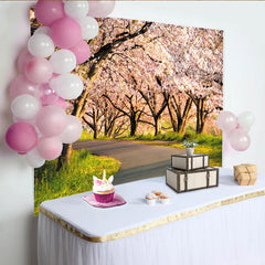 Lofaris Pink Cherry Blossom Photography Backdrop with Winding Road, Beautiful Spring Nature Background for Studio Portrait and Event Decor