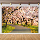 Lofaris Pink Cherry Blossom Photography Backdrop with Winding Road, Beautiful Spring Nature Background for Studio Portrait and Event Decor