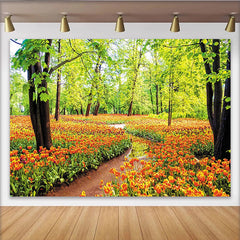 Lofaris Vibrant Spring Forest Tulip Photography Backdrop with Lush Green Trees, Beautiful Nature Background for Photoshoot