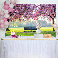 Lofaris Pink Cherry Blossom Photography Backdrop with Park Bench and Green Grass, Spring Nature Scene for Studio Photoshoot