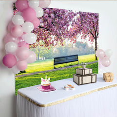 Lofaris Pink Cherry Blossom Photography Backdrop with Park Bench and Green Grass, Spring Nature Scene for Studio Photoshoot