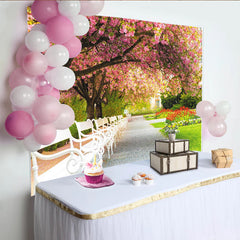 Lofaris Pink Cherry Blossom Park Photography Backdrop with White Benches, Beautiful Spring Garden Background for Photoshoot and Event Decor