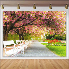 Lofaris Pink Cherry Blossom Park Photography Backdrop with White Benches, Beautiful Spring Garden Background for Photoshoot and Event Decor