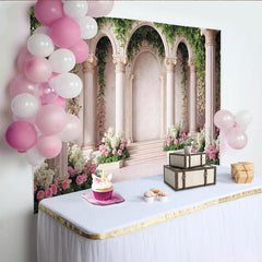 Lofaris Elegant Floral Archway Photography Backdrop with Pink Roses, Romantic Garden Studio Background for Portrait Photoshoot