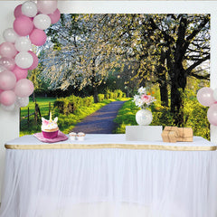 Lofaris Blooming Spring Path Photography Backdrop with Green Trees, Natural Scenery Background for Outdoor Photoshoot