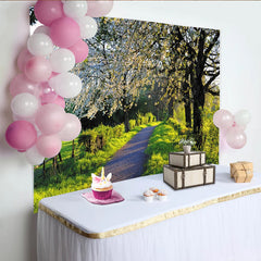 Lofaris Blooming Spring Path Photography Backdrop with Green Trees, Natural Scenery Background for Outdoor Photoshoot