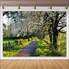 Lofaris Blooming Spring Path Photography Backdrop with Green Trees, Natural Scenery Background for Outdoor Photoshoot