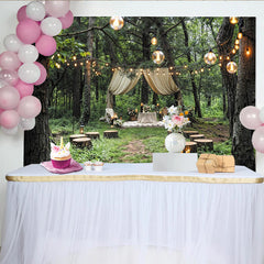 Lofaris Enchanted Forest Wedding Backdrop with Draped Canopy and String Lights, Rustic Outdoor Background for Romantic Event Photography