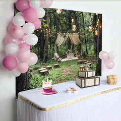 Lofaris Enchanted Forest Wedding Backdrop with Draped Canopy and String Lights, Rustic Outdoor Background for Romantic Event Photography