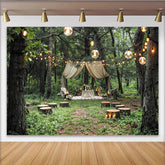 Lofaris Enchanted Forest Wedding Backdrop with Draped Canopy and String Lights, Rustic Outdoor Background for Romantic Event Photography