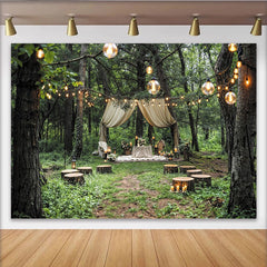 Lofaris Enchanted Forest Wedding Backdrop with Draped Canopy and String Lights, Rustic Outdoor Background for Romantic Event Photography