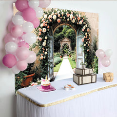 Lofaris Elegant Floral Wedding Backdrop with Rustic Doors and Pink Flowers, Beautiful Garden Photography Background for Romantic Events