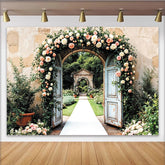 Lofaris Elegant Floral Wedding Backdrop with Rustic Doors and Pink Flowers, Beautiful Garden Photography Background for Romantic Events