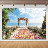 Lofaris Beach Floral Wedding Backdrop with Colorful Petals and Ocean View, Beautiful Photography Background for Romantic Event Decor