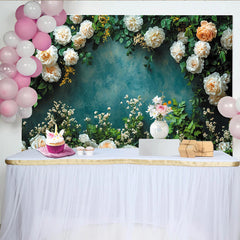 Lofaris Elegant Floral Photography Backdrop with White Roses and Green Leaves, Textured Teal Wall Background for Studio Portrait