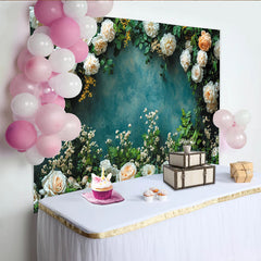 Lofaris Elegant Floral Photography Backdrop with White Roses and Green Leaves, Textured Teal Wall Background for Studio Portrait
