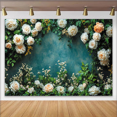Lofaris Elegant Floral Photography Backdrop with White Roses and Green Leaves, Textured Teal Wall Background for Studio Portrait