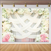 Lofaris Elegant White Floral Wedding Backdrop with Pink Roses and Drapes, Romantic Photography Background for Bridal Shower Party
