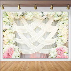 Lofaris Elegant White Floral Wedding Backdrop with Pink Roses and Drapes, Romantic Photography Background for Bridal Shower Party