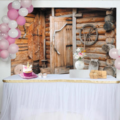 Lofaris Rustic Wood Log Cabin Photography Backdrop with Vintage Door and Wagon Wheel, Old Farmhouse Studio Background for Portrait Photoshoot