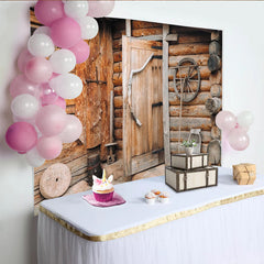 Lofaris Rustic Wood Log Cabin Photography Backdrop with Vintage Door and Wagon Wheel, Old Farmhouse Studio Background for Portrait Photoshoot