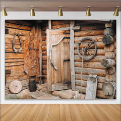Lofaris Rustic Wood Log Cabin Photography Backdrop with Vintage Door and Wagon Wheel, Old Farmhouse Studio Background for Portrait Photoshoot
