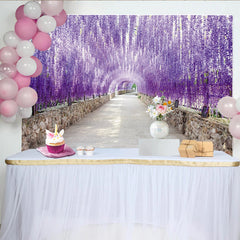 Lofaris Purple Wisteria Floral Photography Backdrop with Stone Wall Tunnel, Dreamy Nature Background for Studio Photoshoot