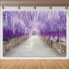 Lofaris Purple Wisteria Floral Photography Backdrop with Stone Wall Tunnel, Dreamy Nature Background for Studio Photoshoot