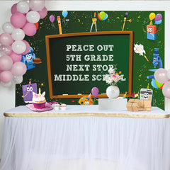 Lofaris Peace Out 5th Grade Graduation Backdrop with Cartoon School Supplies, Next Stop Middle School Party Background for Student Celebration