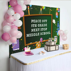 Lofaris Peace Out 5th Grade Graduation Backdrop with Cartoon School Supplies, Next Stop Middle School Party Background for Student Celebration