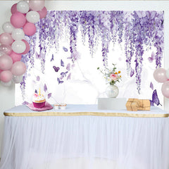 Lofaris Elegant Purple Wisteria Floral Photography Backdrop with Butterflies, Dreamy Wall Tapestry for Studio Photoshoot and Party Decor