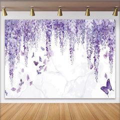 Lofaris Elegant Purple Wisteria Floral Photography Backdrop with Butterflies, Dreamy Wall Tapestry for Studio Photoshoot and Party Decor